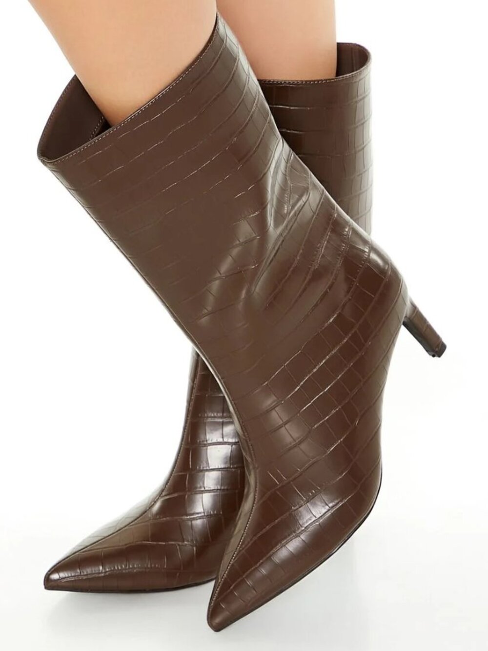 Forever 21 Brown Faux Crocs Embossed Pointed Toe Slip On Calf Length Boots SZ 6